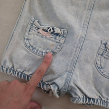 Load image into Gallery viewer, Vintage Ruffle Bum Denim Romper 3-6 months