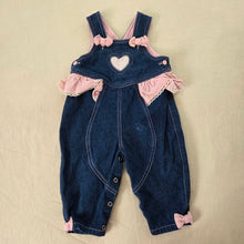 Load image into Gallery viewer, Vintage Heart + Bow Denim Bubble Overalls 9-12 months