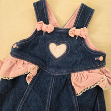 Load image into Gallery viewer, Vintage Heart + Bow Denim Bubble Overalls 9-12 months