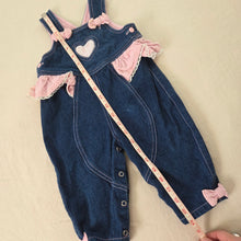 Load image into Gallery viewer, Vintage Heart + Bow Denim Bubble Overalls 9-12 months