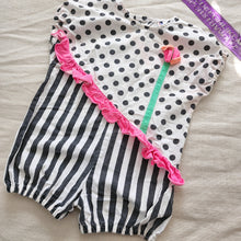 Load image into Gallery viewer, Vintage Polka Dot Stripe Constrast Romper 24 months