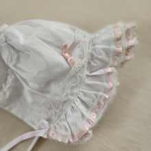 Load image into Gallery viewer, Vintage White Pink Lace Bonnet newborn
