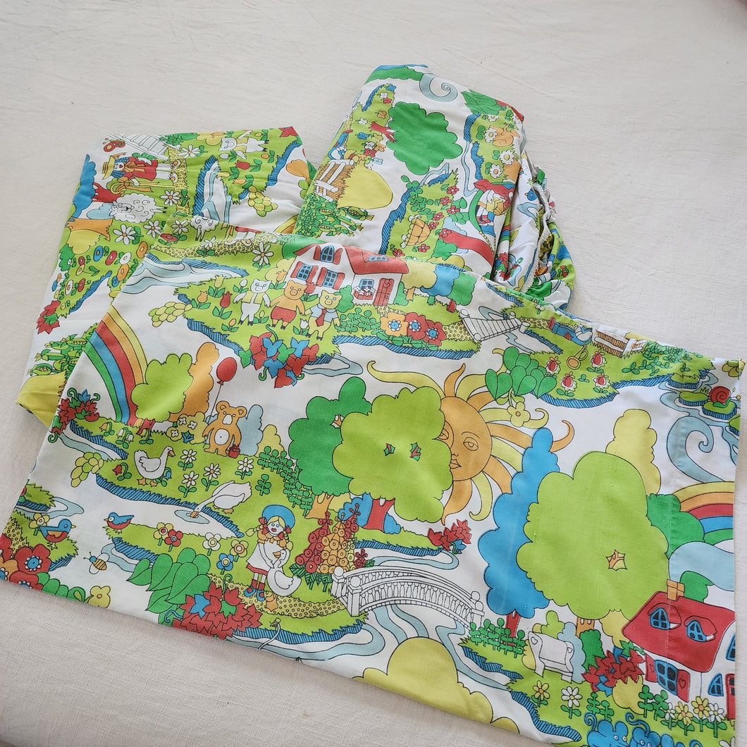 Vintage 70s Flat + Fitted Sheet + Pillowcase Set