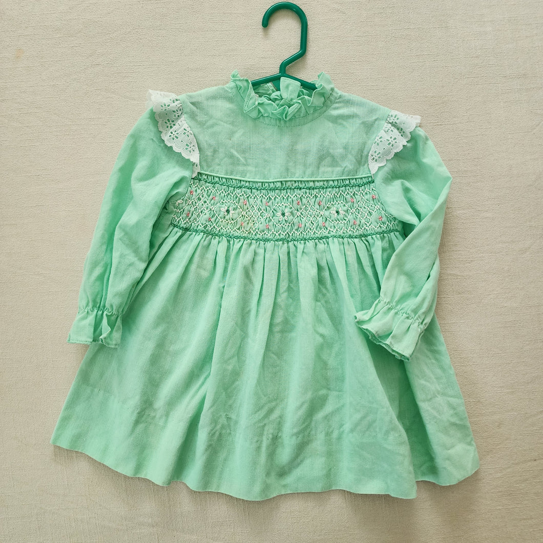 Vintage Sears 70s Smocked Green Dress 3t Vintage Sears 70s Smocked Green Dress 3t