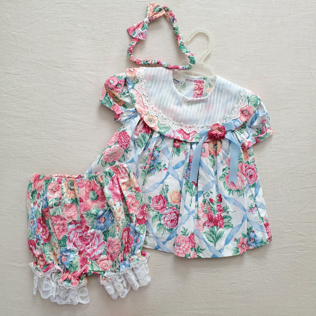 Vintage Floral Dress/Bloomers + Headband 12 months