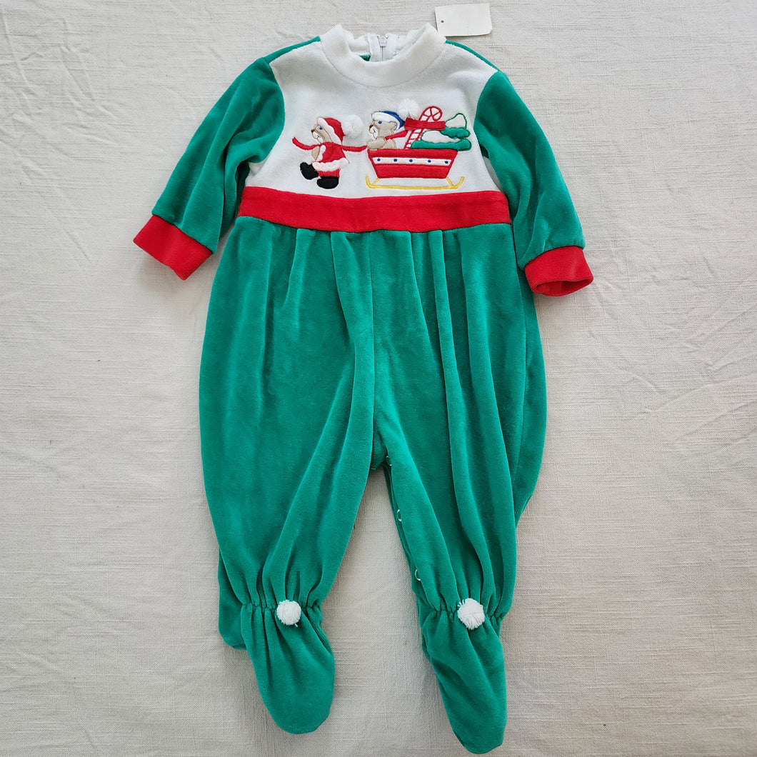 Vintage Deadstock Sleigh Bears Velour Footed PJs 3-6 months