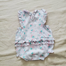Load image into Gallery viewer, Vintage Floral/Strawberry Ruffle Bum Romper 12 months *flaw

