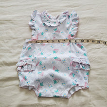 Load image into Gallery viewer, Vintage Floral/Strawberry Ruffle Bum Romper 12 months *flaw
