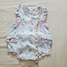 Load image into Gallery viewer, Vintage Floral/Strawberry Ruffle Bum Romper 12 months *flaw
