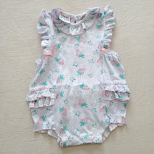 Load image into Gallery viewer, Vintage Floral/Strawberry Ruffle Bum Romper 12 months *flaw
