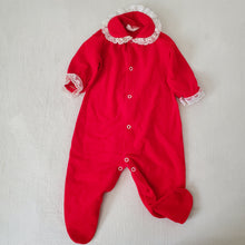 Load image into Gallery viewer, Vintage Red Lace Footed PJs 3-6 months
