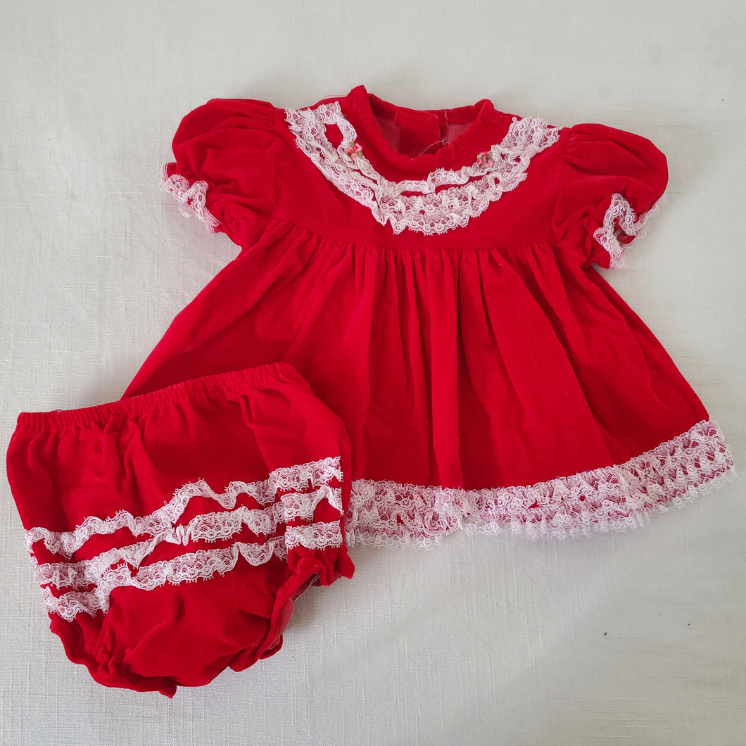 Vintage Red Velvet Frilly Dress + Bloomers 12 months