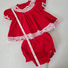 Load image into Gallery viewer, Vintage Red Velvet Frilly Dress + Bloomers 12 months
