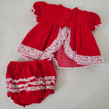 Load image into Gallery viewer, Vintage Red Velvet Frilly Dress + Bloomers 12 months
