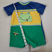 Load image into Gallery viewer, Vintage Frog + Dragon Flies Color Block Romper 12 months
