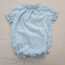 Load image into Gallery viewer, Vintage Blue Ruffle Bum Romper 6-9 months
