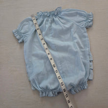 Load image into Gallery viewer, Vintage Blue Ruffle Bum Romper 6-9 months
