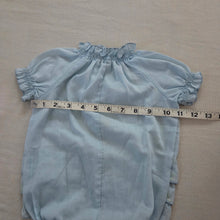 Load image into Gallery viewer, Vintage Blue Ruffle Bum Romper 6-9 months
