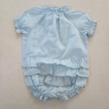 Load image into Gallery viewer, Vintage Blue Ruffle Bum Romper 6-9 months
