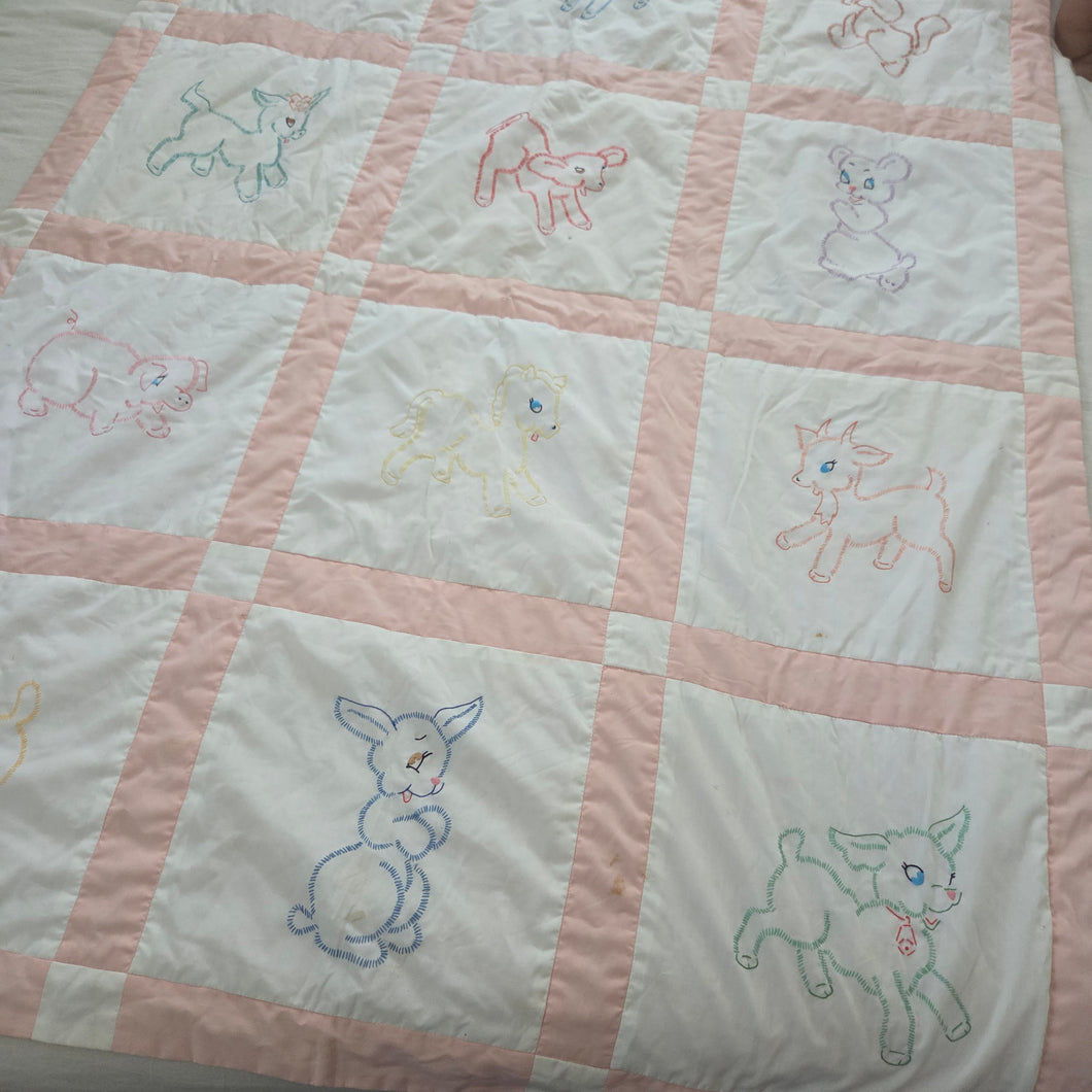 Vintage Embroidered Baby Animals Toddler Quilt Blanket