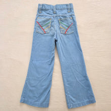 Load image into Gallery viewer, Vintage 70s Flared Colorful Pocket Blue Pants 5t
