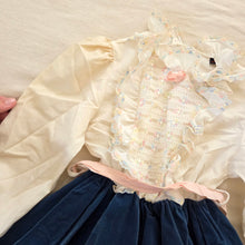Load image into Gallery viewer, Vintage Cream + Navy Velour Dress 5t
