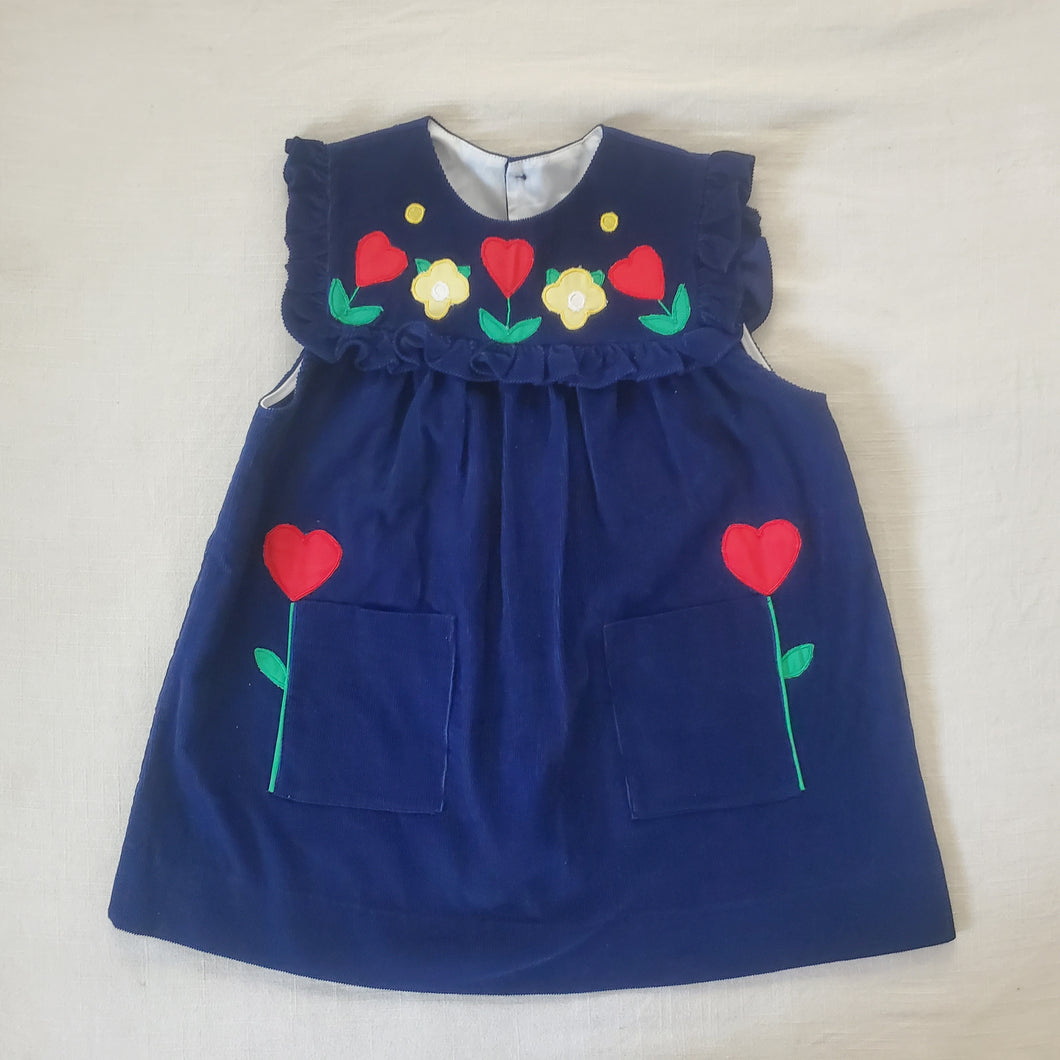 Vintage Heart Flowers Blue Cord Dress 4t