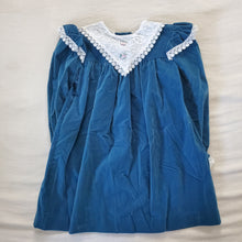 Load image into Gallery viewer, Vintage Blue Velour + Lace Long Sleeve Dress 4t/5t

