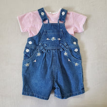 Load image into Gallery viewer, Vintage Floral Denim Shortalls + Shirt Set 3-6 months

