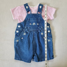 Load image into Gallery viewer, Vintage Floral Denim Shortalls + Shirt Set 3-6 months
