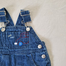 Load image into Gallery viewer, Vintage Puppy + Car Denim Overalls newborn
