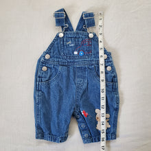 Load image into Gallery viewer, Vintage Puppy + Car Denim Overalls newborn
