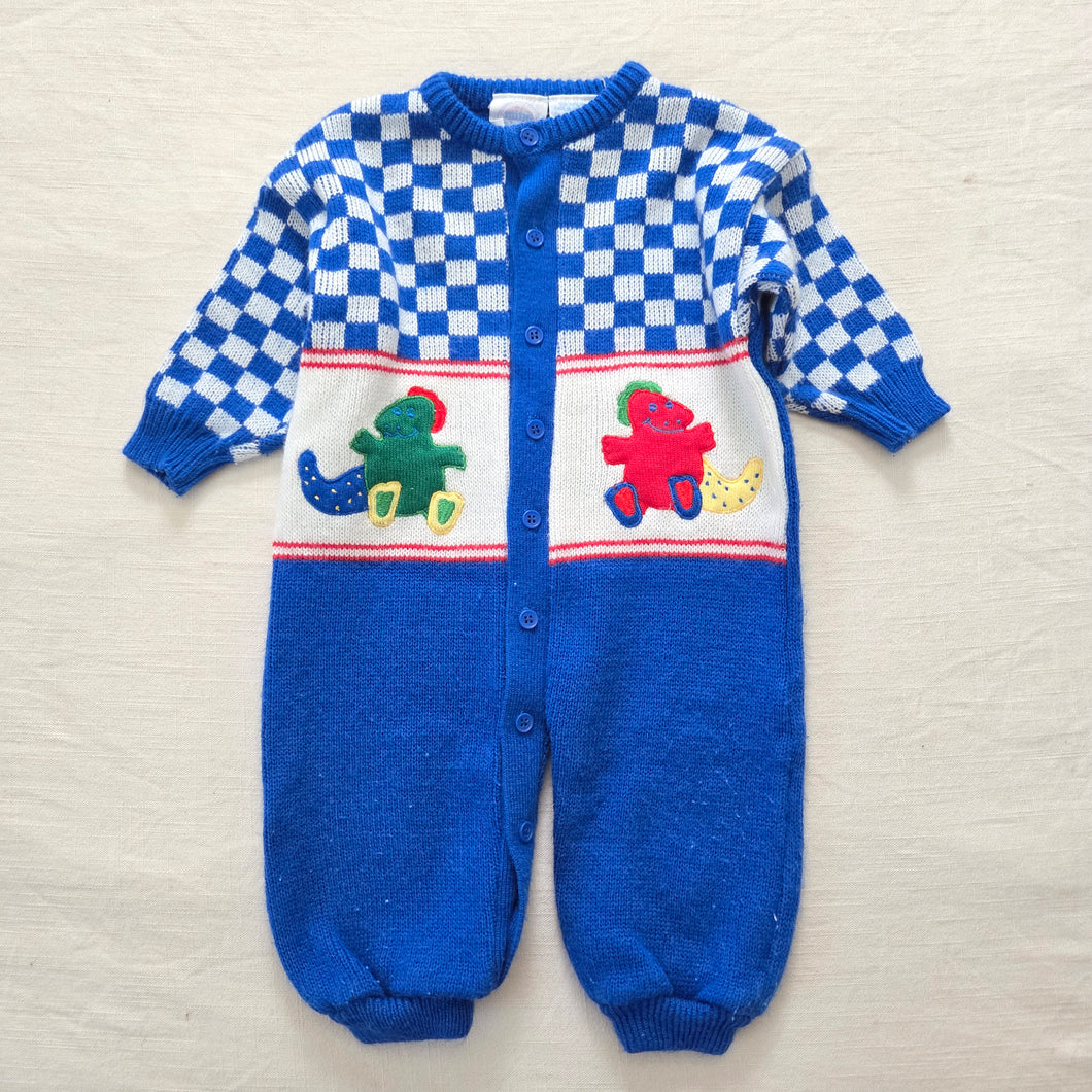 Vintage 90s Checkerboard Blue Dinosaur Bodysuit 6-9m