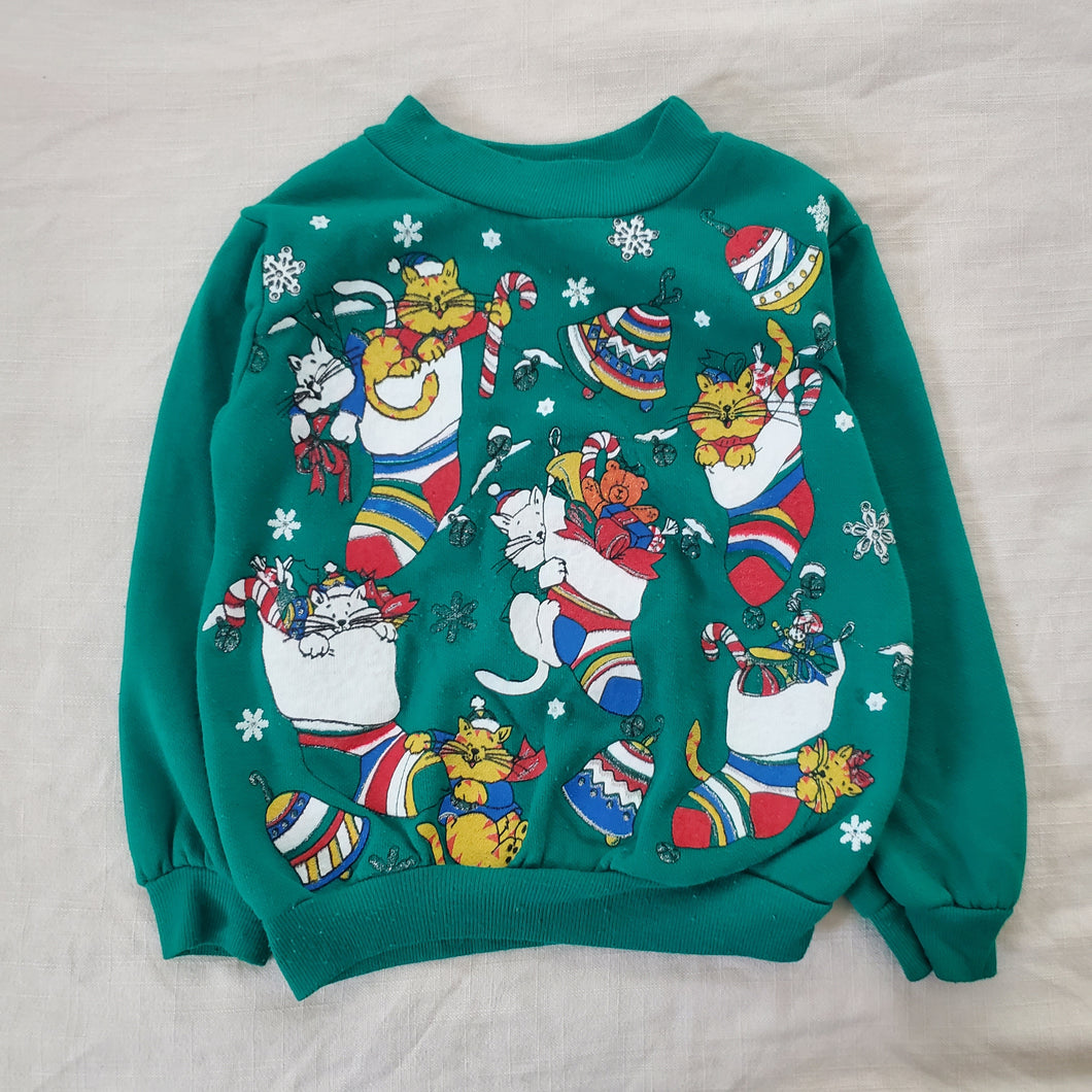 Vintage Christmas Cats Green Sweater 4t