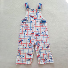 Load image into Gallery viewer, Vintage Tennis Rackets + Shoes Grid Overalls 18 months
