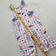 Load image into Gallery viewer, Vintage Tennis Rackets + Shoes Grid Overalls 18 months
