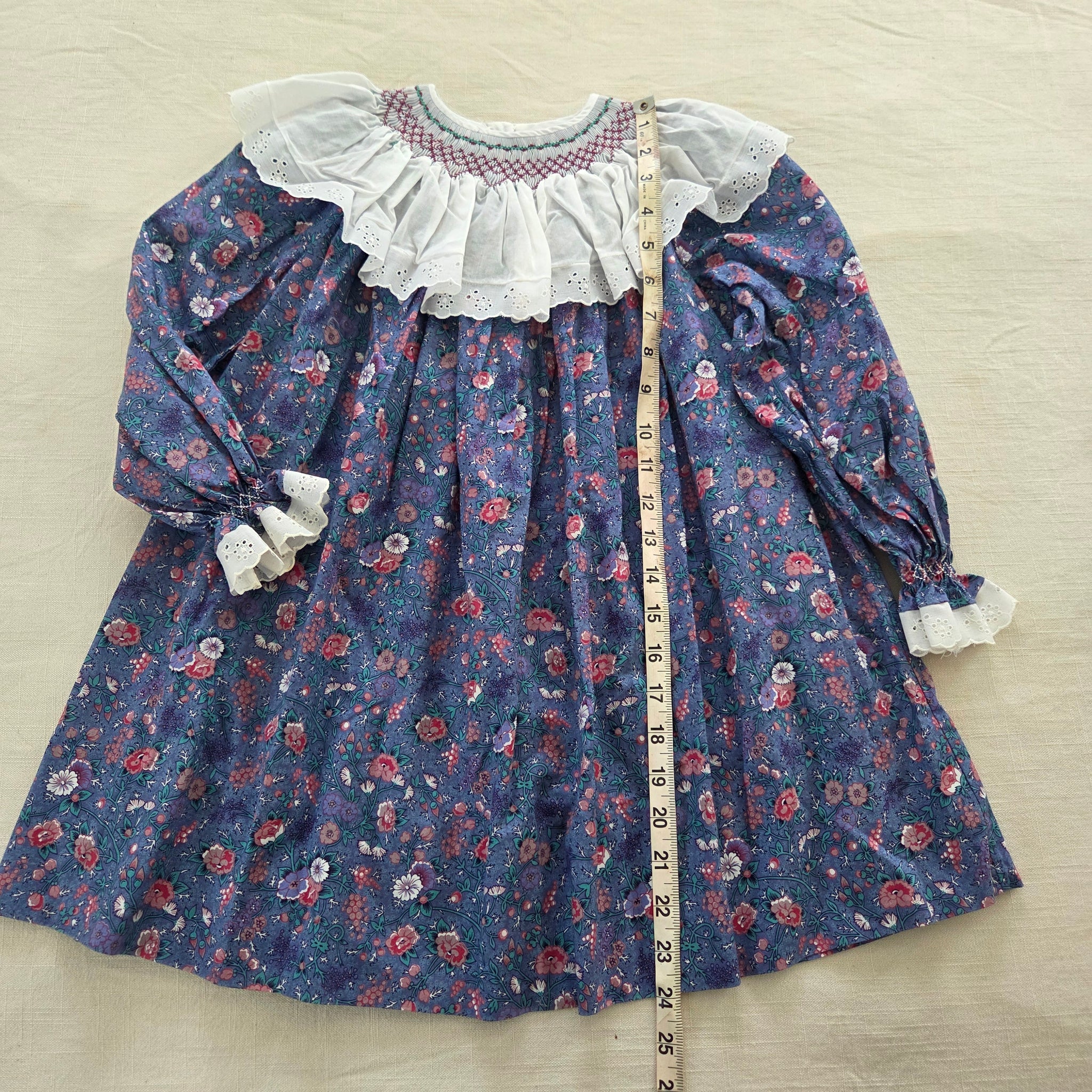 Vintage Smocked Neck Floral Long Sleeve Dress 5t