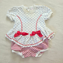 Load image into Gallery viewer, Vintage Dotted + Striped Girly Romper 6-9 months
