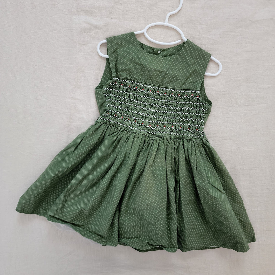 Vintage Smocked Mossy Polka Dot Dress 4t