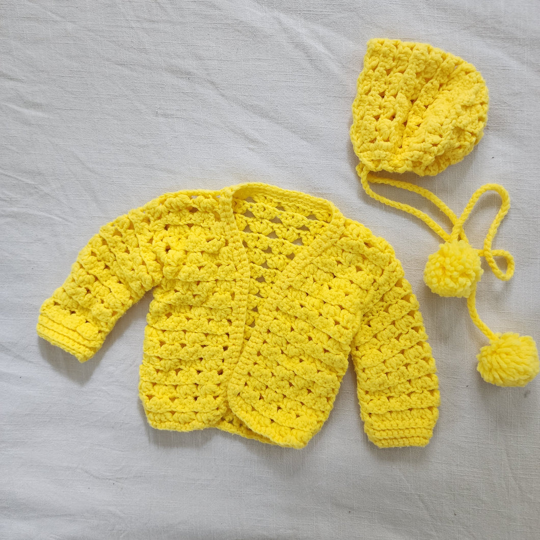 Vintage Yellow Crochet Sweater & Bonnet 6-9 months